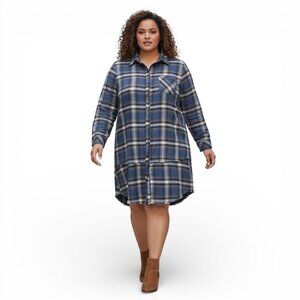 HEYSON Blue Plaid Button Down Raw Hem Dress, NEW! Size 2XL